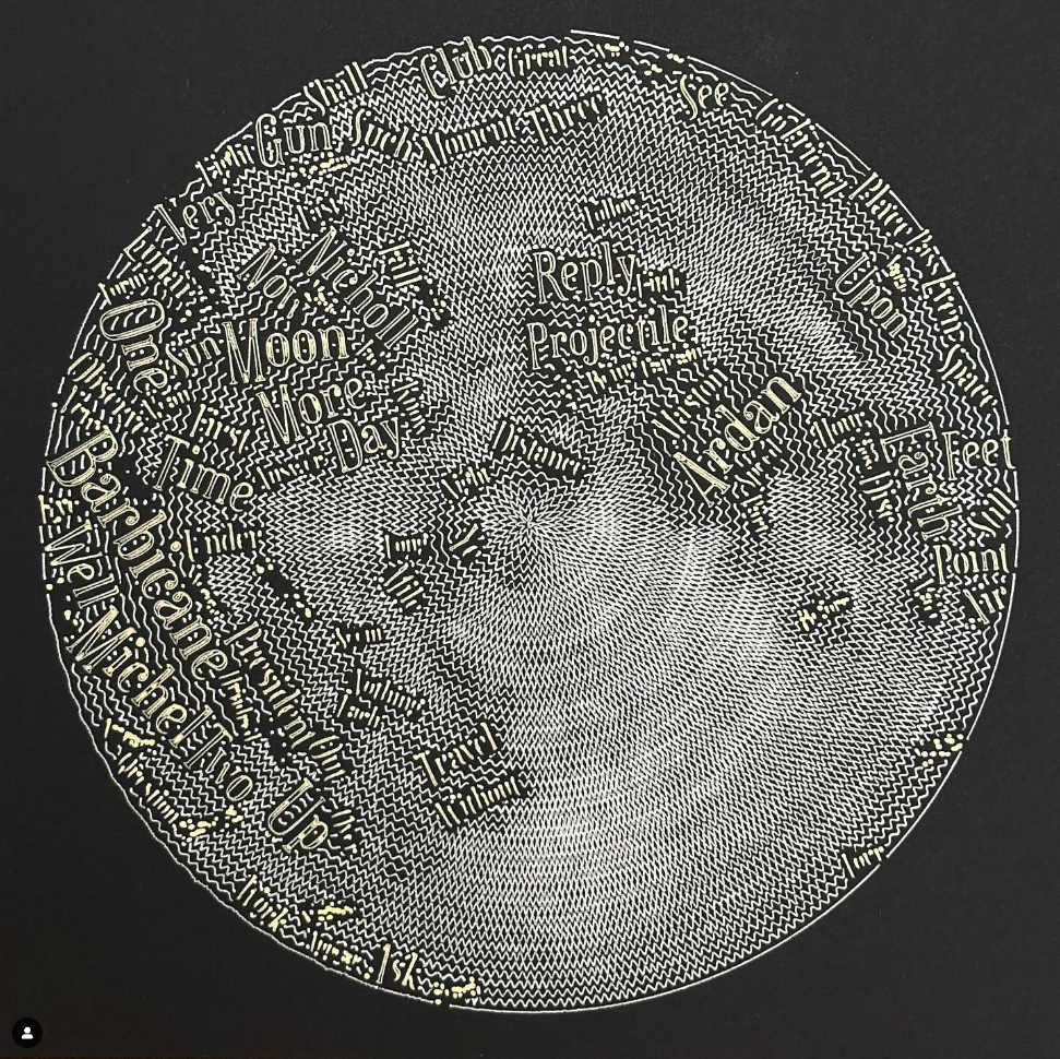 Pen Plotter art of the moon, filled with words from Jules Verne's moon books